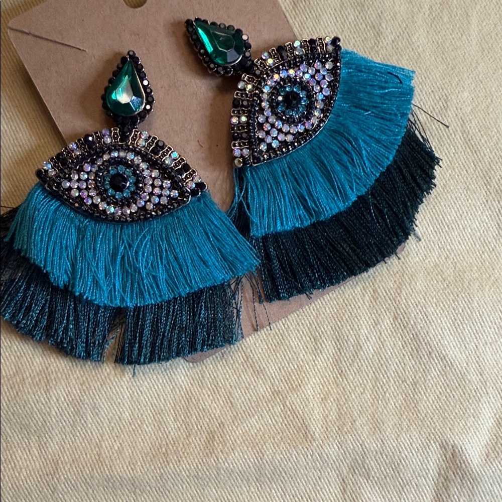 Fashion Jewelry Teal and Black Beaded Eye Fringe Earrings